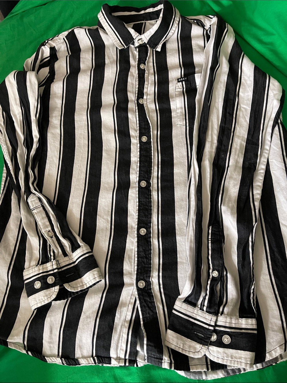 Obey Black and White Vertical Stripe Button-Down Shirt